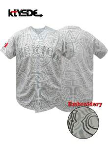 KTYSDE Unisex Mexico Baseball Jersey, Mexico Letter Embroidery Design, Loose V-Neck Short Sleeve Button Cardigan Sportswear Top, Suitable For Sports And Casual Street Style, Latin Culture Themed Party