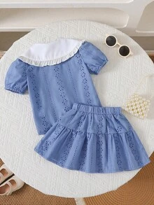 女婴镂空刺绣领花卉刺绣衬衫和裙子两件套，春夏休闲装 - 藍色 - 查看 2