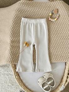 女婴休闲时尚米色条纹喇叭裤，春秋季 - 米色 - 查看 2