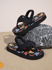 Chanclas para niños pequeños con correa elástica, diseño de dinosaurio de dibujos animados, suaves y gruesas, cómodas y antideslizantes para interiores/exteriores