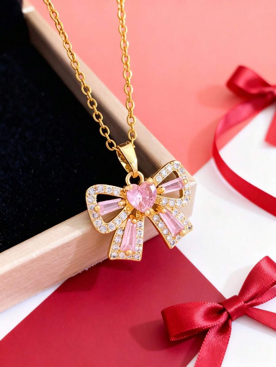 1 Stück elegante Schleifenkette, leichte luxuriöse Nischen-Halskette aus Titan-Stahl, vielseitiges Accessoire für Frauen - Einheitsgröße - Übersicht 1