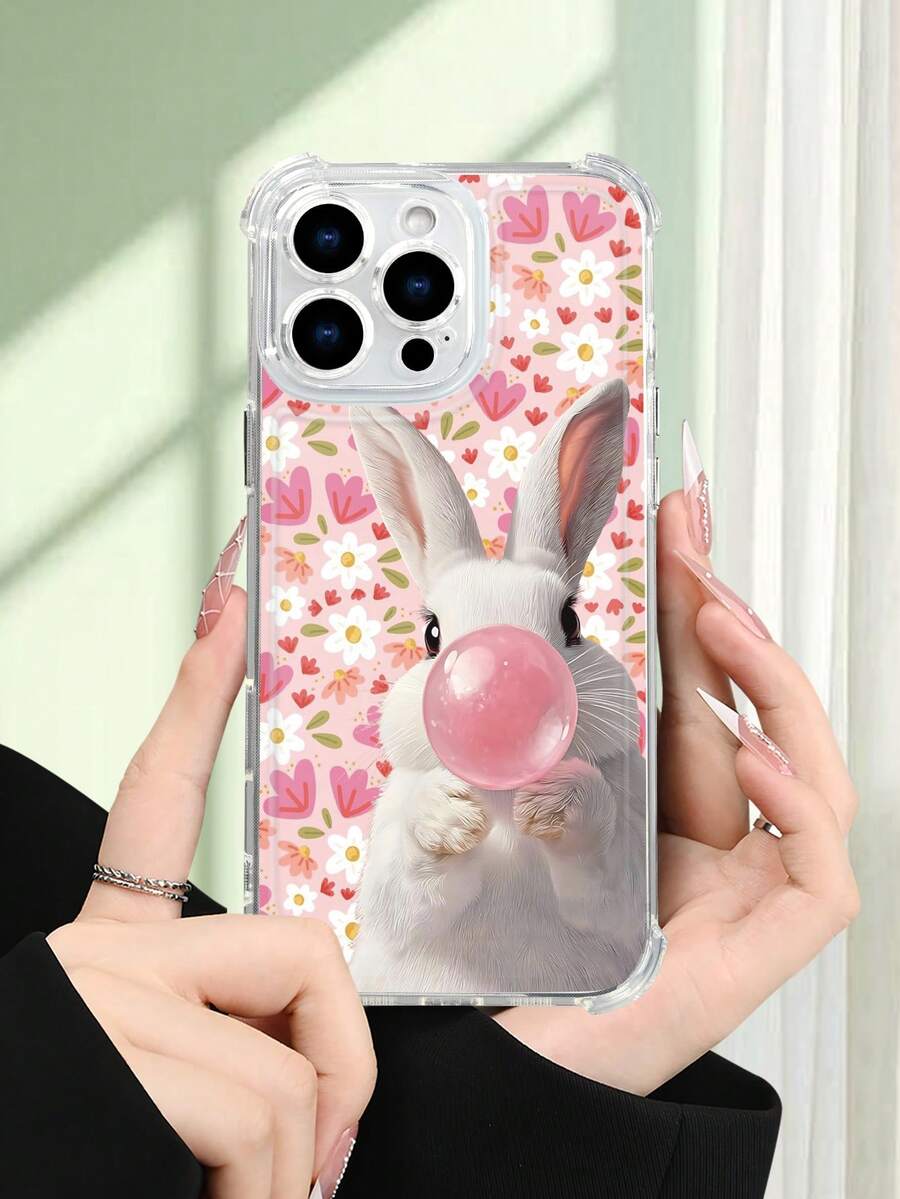 1 pieza Funda transparente con diseño de conejo blanco soplando burbuja rosa sobre fondo floral estilo dulce y primaveral ideal para regalo en San Valentín o celebraciones especiales protección contra caídas carcasa transparente ligera y resistente, compatible con iPhone 17/16/15/14/13/12/11/XS/XR/X/PLUS/PRO/PROMAX, compatible con Galaxy A34/A35/A54/A55, Galaxy S20/S21/S22/S23/S24 Ultra/Plus, compatible con Moto/Galaxy/Redmi/Honor/OPPO, regalo ideal para fiestas - transparente - Ver 1