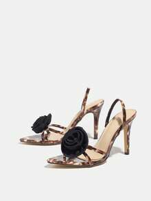 女士高跟凉鞋，饰有3D黑色玫瑰交叉绑带，适合夜店、派对、宴会、T台走秀、户外、休闲穿着，性感露趾细高跟，柔软PU皮革，高端时尚金色高跟，优雅女士鞋履，适合婚礼、户外活动、四季穿着。 - 棕色 - 查看 4