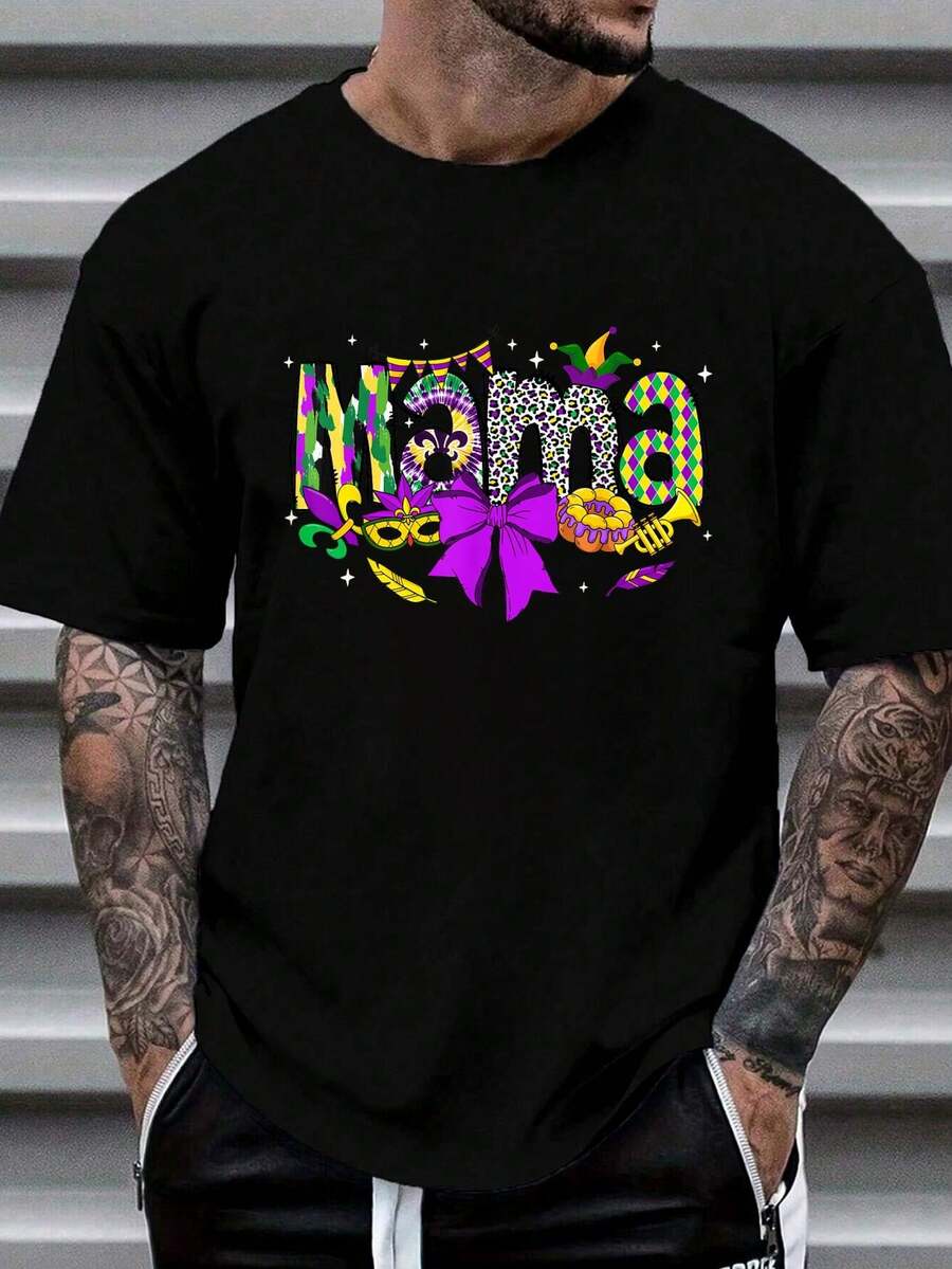 100% Cotton Mama Coquette Bow Mardi Gras Women Mom Mother Carnival T-Shirt Men's Summer Vacation Soft Tee Relaxed Fit Classic Comfort Tops Printing Shirt - Black - View 1