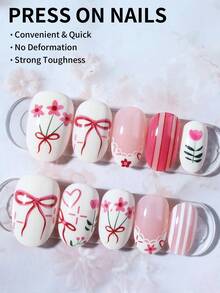 24片短款椭圆形可爱蝴蝶结、花朵、条纹和波点美甲贴纸，法式美甲贴片，亚克力材质，短款设计，完美适用于假指甲，包含：1片果冻胶和1个指甲锉。情人节和短款美甲贴纸，让您的指尖闪耀动人，适合派对、跳舞和日常使用。美甲用品 - 彩色 - 查看 3