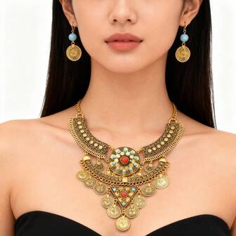 Conjunto de collar y aretes con borlas de moneda de turquesa falsa estilo vintage, collar retro exagerado de múltiples capas con estilo palaciego y efecto envejecido