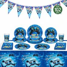 1 Set Gaming Themed Disposable Party Supplies Including Plates, Napkins, Cups, Tablecloth And Hanging Flags, Suitable For 25 Guests, Disposable Paper Plates Party Tableware Fit For Birthday, Wedding, Theme Party, Family Picnic - Multicolor - View 1