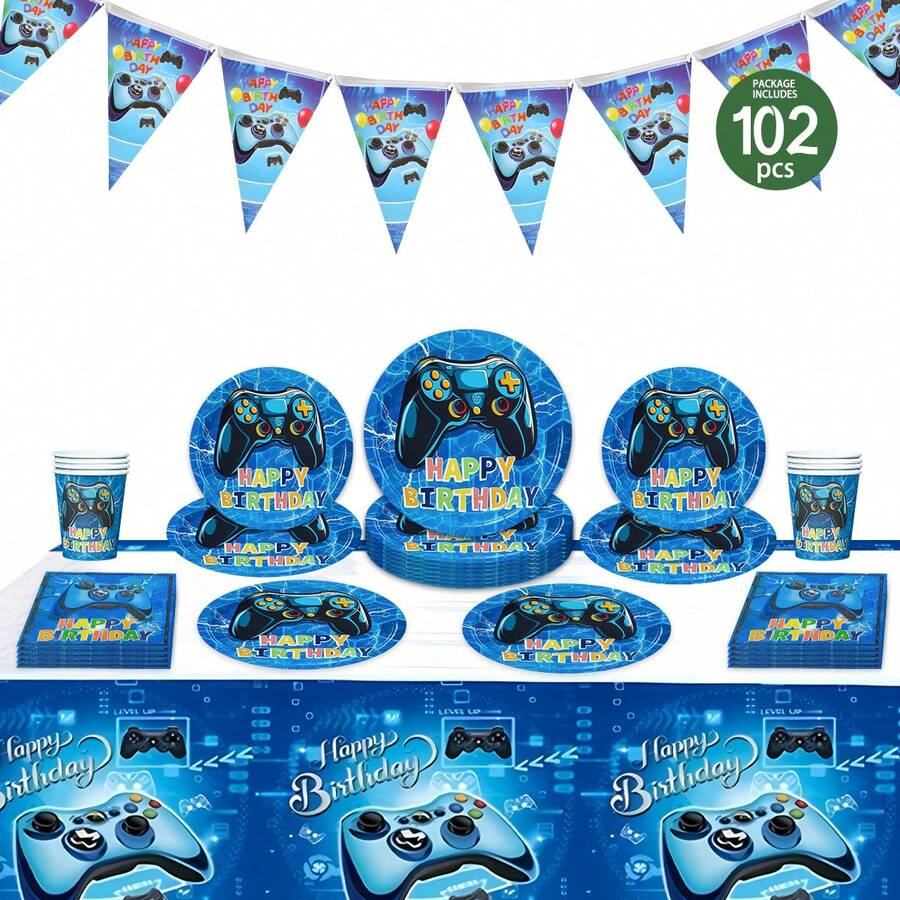 1 Set Gaming Themed Disposable Party Supplies Including Plates, Napkins, Cups, Tablecloth And Hanging Flags, Suitable For 25 Guests, Disposable Paper Plates Party Tableware Fit For Birthday, Wedding, Theme Party, Family Picnic - Multicolor - View 1