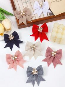 8pcs Vintage Textured Fabric Bow Pearl Rhinestone Barrettes, Cute Girl's Hair Clips, Suitable For Daily Wear And Party, Autumn/Winter - Multicolor - View 3