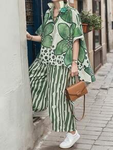 女式大码波西米亚度假花卉印花两件套 - 短袖衬衫，翻领和不对称下摆 + 条纹阔腿裤，休闲夏装，休闲装|花卉印花上衣|纹理，女士秋季服装 - 綠色 - 查看 1