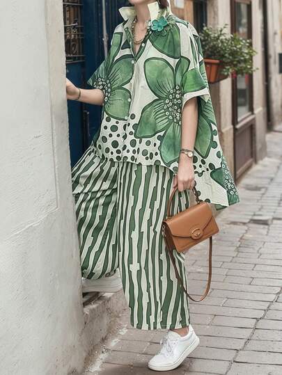 女式大码波西米亚度假花卉印花两件套 - 短袖衬衫，翻领和不对称下摆 + 条纹阔腿裤，休闲夏装，休闲装|花卉印花上衣|纹理，女士秋季服装