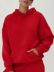 HoodieClean Fit,Warmth,Oversized Fit&Long Length,Women's Pocket Long Sleeve Hoodie For Fall/Autumn&Winter,Minimalist,Baggy Drop Shoulder,Fall Autumn Clothes For Women,Winter Clothes For Women, Tops For Women,Red,Chic,Hoodies Hoodie For WomenLoose And Comfortablewinter Clothes For Women Hoodies For Women - Đỏ - Xem 3