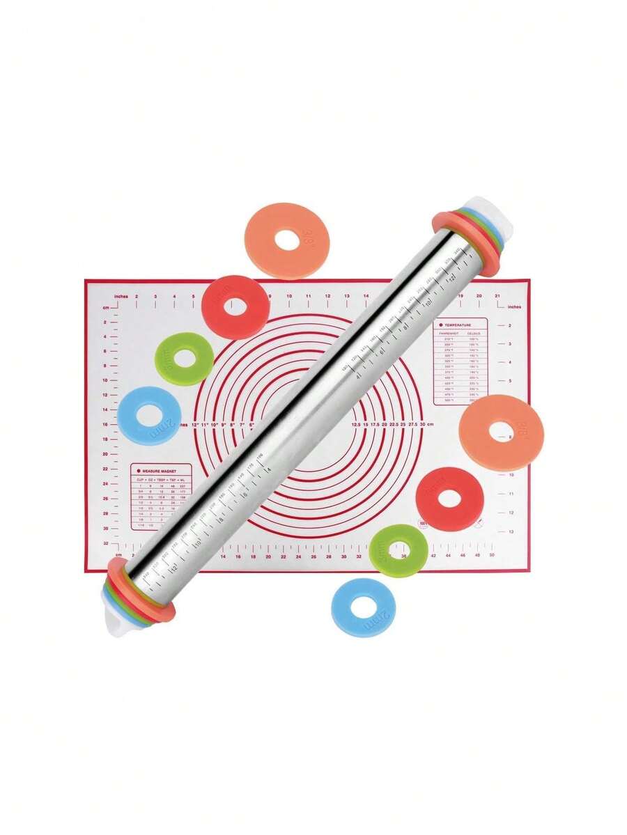 Rollo de cocina, rodillo ajustable con escala y 4 aros removibles para tacos, galletas, raviolis y pizza con repostería antiadherente (Plata),32790069 - Multicolor - Ver 1