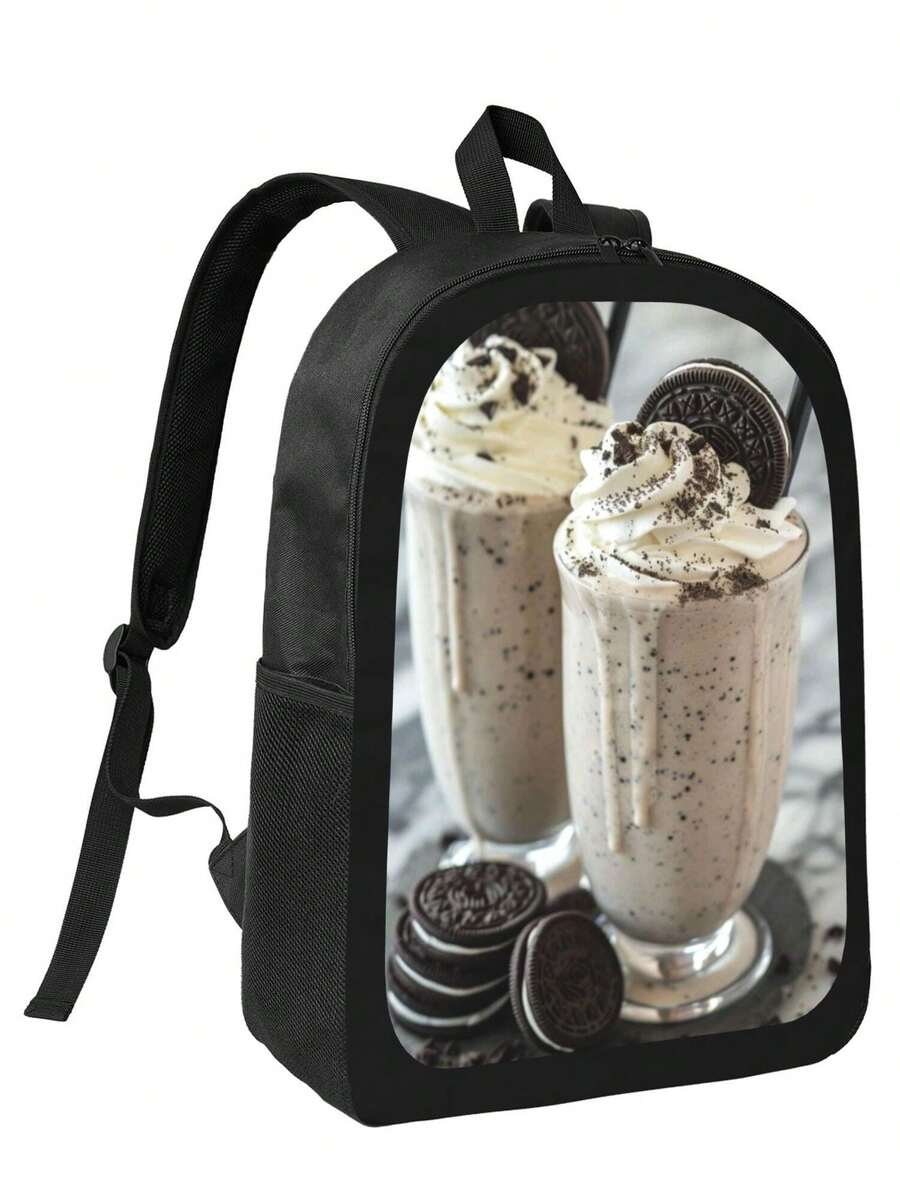 Creamy Milkshake With  Crumbs All-Match Geometric Pattern Backpack - Durable & Stylish For School & Work - Black - View 1