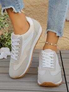 Pantofi sport casual cu talpă groasă pentru femei, design nou cu blocuri de culoare, pantofi de alergare la modă cu șireturi, potriviți pentru purtare zilnică, mers pe jos, alergare, naveta, skateboarding pentru studenți - Bej - Vizualizare 5