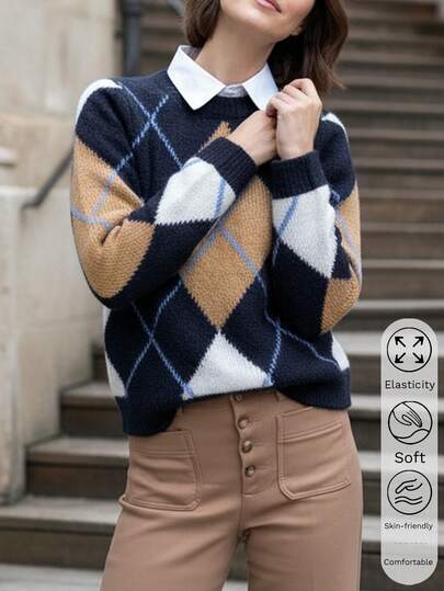 QUNGIGU Dam lös stickad tröja Klassisk argyle-mönstrad tröja Toppar Preppy Vintage Långärmad Stickning 90-tals Streetwear, Överdimensionerad argyle-tröja med rund hals