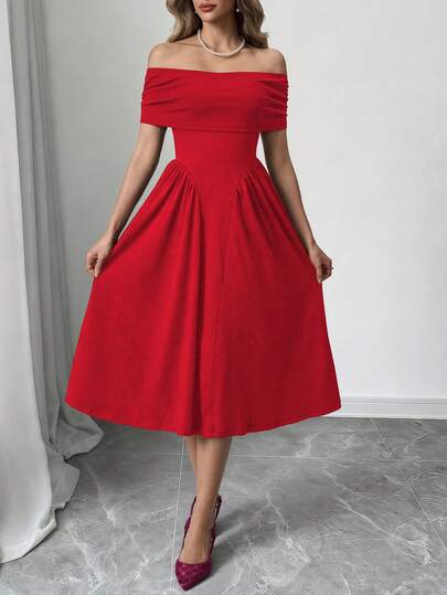 Women's Elegant Party, Date, Wedding, Formal Dinner Ruffle Off-Shoulder Summer Solid Color Eid Dress Dress