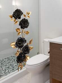 大号黑色莲花玫瑰花墙贴，可移除，简约花卉金色叶子艺术墙贴，即撕即贴壁画，蓝色花朵墙贴，适用于客厅、卧室、门口、过道、沙发、电视背景墙、厨房橱柜墙面、家居装饰 - 彩色 - 查看 5