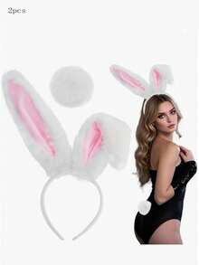 2 pezzi Accessori per costume da coniglio per feste di carnevale - Fascia per capelli con orecchie da coniglio e coda, adatta per donne adulte, set carino e soffice per cosplay, costume di San Valentino - Bianco - Visualizzare 1