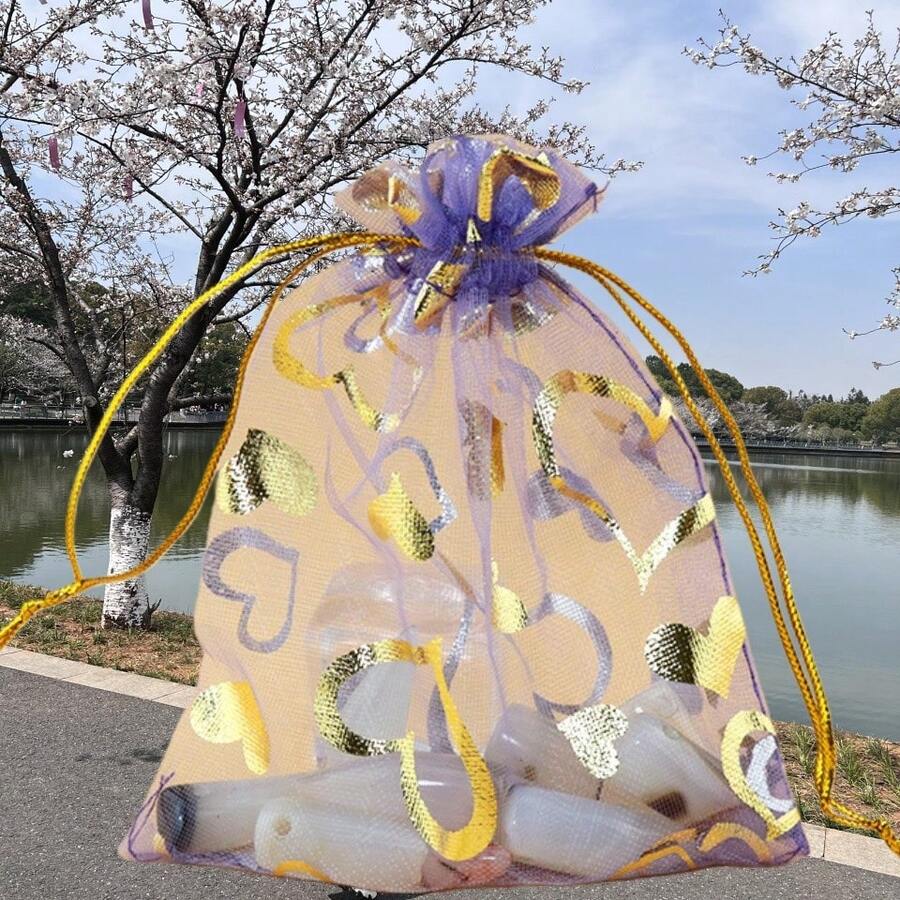 Transparent Wedding Candy Bag, Gauze Bag With Drawstring Opening, Red Wedding Celebration Melon Seed Packaging Bag, Candy Pearl Gauze Bag, Gift Bag - Purple - View 1