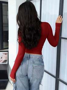 Elegant & Versatile Women Plain Crew Neck Long Sleeve Ruched Fitted Slim Fit T-Shirt,Suitable For Summer And Autumn/Winter Seasons - Đỏ - Xem 3