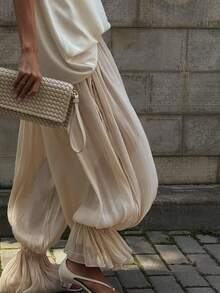 Giufajk Women's Puffy Drawstring Elastic Waist Drop Crotch Hakama Harem Wide Leg Pants Streetwear - 藕色 - 查看 6