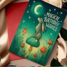 一张精美的“魔法生日祝福”贺卡，附信封，以月光下的兔子为设计元素，搭配奇幻森林图案和蓝绿色调，是送给奇幻爱好者和亲朋好友的完美礼物，也是生日庆祝的理想之选。魔法兔子生日贺卡|奇幻森林贺卡|纸质贺卡 - 彩色 - 查看 9