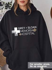 Women's Fleece Pullover Hoodie With -Themed Letter Print (Grey/Sloan Memorial Hospital Style) - Soft Oversized Sweatshirt, White Cross & Icon Design, Breathable Winter Wear For Healthcare Workers & Casual Outfits, - 黑色 - 查看 2