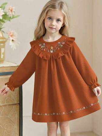 Embroidered Girls Dress, Ruffle Collar Design With Delicate Embroidery, Long Sleeve Loose Dress, Suitable For Daily Outing/Outdoor Leisure Holiday/Princess Style, Spring/Autumn