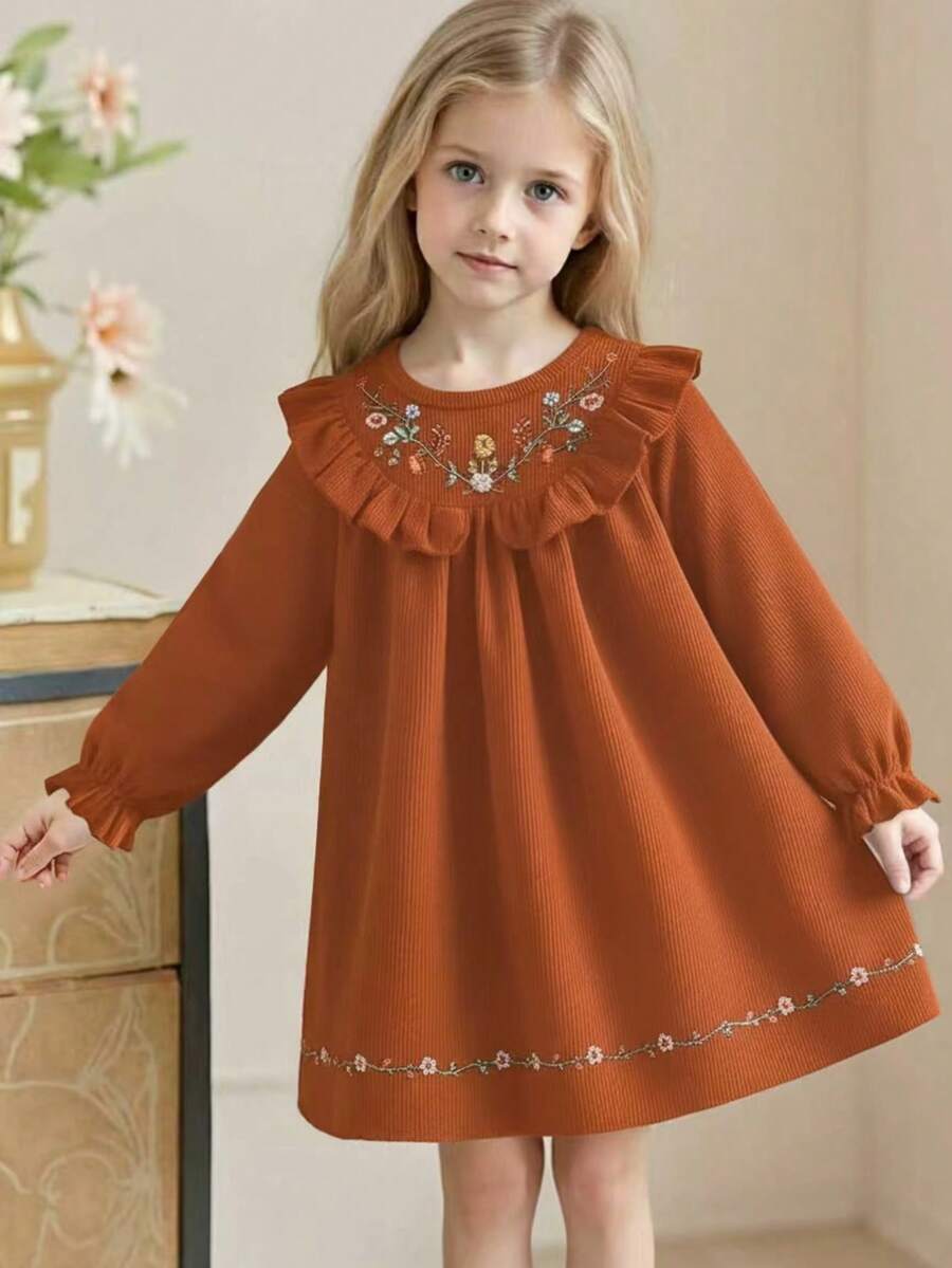 Embroidered Girls Dress, Ruffle Collar Design With Delicate Embroidery, Long Sleeve Loose Dress, Suitable For Daily Outing/Outdoor Leisure Holiday/Princess Style, Spring/Autumn - Orange - View 1