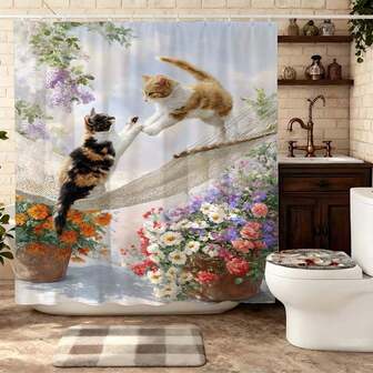 1 st söt katt- och blomhängmattedekor för rustikt badrum, lekfull katt- och blommönster, färgglatt djur- och naturtema, bekvämt duschdraperi, boho badrumstillbehör, heminredning. Badrumsduschdraperi, polyestermaterial, med krokar.