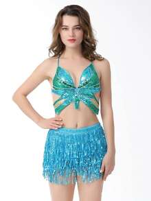Bộ 2 váy tua rua sequin dây mảnh ngày lễ, trang phục biểu diễn múa bụng Latin, thích hợp cho lễ Halloween - Nhiều màu - Xem 16