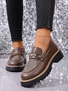 Plus Size Women's Fashion Solid Color Metal Thick Sole Slip-On Loafers - Brown - View 4