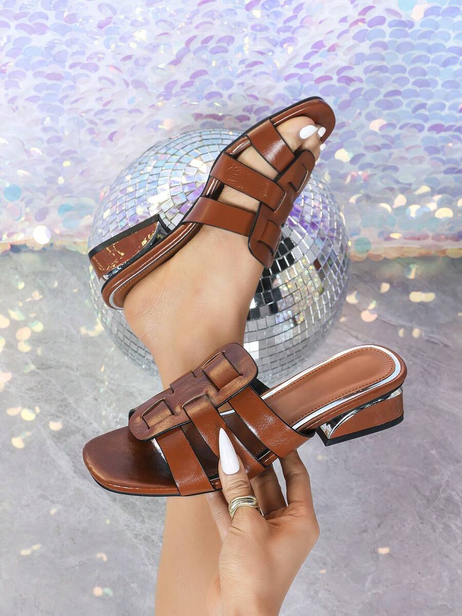 Women's Brown Woven Mule Sandals - Thick Sole Low Heel Open Toe Slippers, Soft & Comfortable Casual Daily Party Low Heel Sandals For Women - Brown - View 1