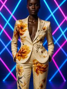 Tailored Floral Print Blazer & Straight-Leg Trousers Two-Piece Suit - 杏色 - 查看 2