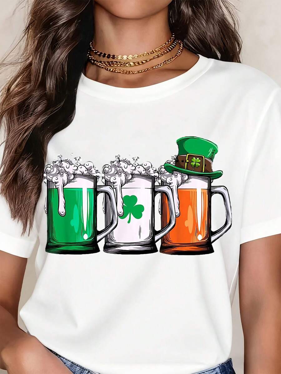 St Patrick Day T Shirt White Beer Mug With Clover And Green Hat Print For St Patrick Day Celebration - 白色 - 查看 1