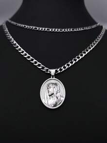 1pc Vintage Portrait Stainless Steel Necklace Round Pendant, Unique Personalized Accessory, High-End Multi-Layer Necklace For Men, Suitable As Birthday Gift For Friends - View 4