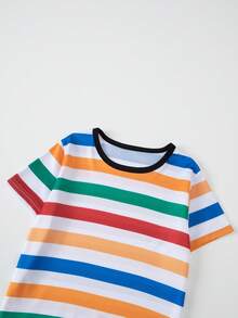 2pcs/Set Tween Boys' Short Sleeve T-Shirts, Casual Patchwork Striped Tops, Lightweight Summer Wear For Boys & Girls - Multicolor - View 5