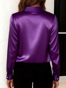 Modisches Damen Lässig Neu Ankunft Satin Glatt Knopf-Hemd, Geeignet für alle Jahreszeiten Frühling - Violett - Übersicht 2
