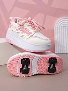 儿童四轮滑鞋，可拆卸轮子运动鞋，系带式Heelys轮滑鞋，男女童时尚休闲鞋 - 粉色 - 查看 7