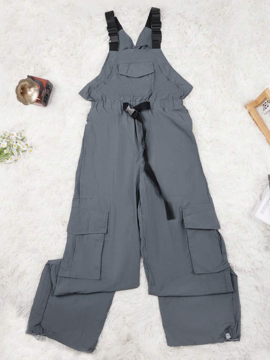 Y2K Street Grey Gesp Riem Klep Zak Zij Cargo Parachute Overall Jumpsuit - Donker grijs - Bekijken 1