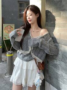 韩式早春两件套，蕾丝边针织开衫外套搭配性感镂空吊带背心，适合户外通勤和约会，秋冬季皆宜。 - 灰色 - 查看 3