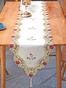 1pc Purple Flower Patterned Table Runner, Nordic Minimalist Polyester Satin Fabric, Handmade Embroidery & Hollow Lace Edge, Suitable For Living Room, Bedroom, Dining Table, TV Cabinet, Sideboard, Chest Of Drawers, Etc. - Multicolor - View 13