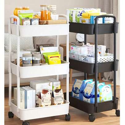 1pc 3-Tier White Storage Cart With 360° Swivel Wheels, Durable Plastic Material, Mobile Organizer For Kitchen Bathroom Bedroom Laundry Room, Versatile Multi-Purpose Rolling Trolley, Space-Saving Solution For Home Organization And Clutter Control
