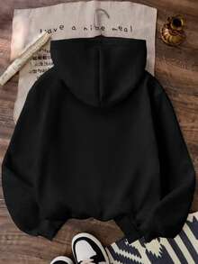 Sudadera informal con capucha para mujer, con cordón ajustable y estampado gráfico, mangas largas y caídas. - Negro - Ver 3