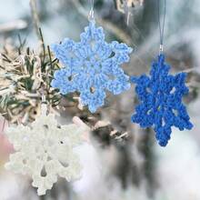 DGiegxin 12 Pcs Blue Christmas Crochet Snowflake Ornament Cotton Christmas Tree Ornament Decorative Boho Handmade Car Mirror Hanging Accories - 藍色 - 查看 4