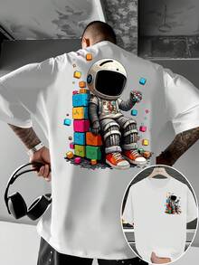 [Sporty T-Shirt]Men's Astronaut & Building Blocks Back Print T-Shirt - Oversized Casual Fit Short Sleeve With Space-Themed -Inspired Design, Round Neck Summer Shirt For Casual Attire, Parties & Themed Events (Black) - Ideal For S & |   Relaxed Fit |   Plus Size - 白色 - 查看 3