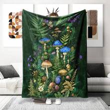 1 Piece Magic Forest Mushroom Fern And Snail Print Flannel Blanket - Soft Green Leaves With Blue/White, Hat With Purple Violets - Lightweight All-Season Bedspread, Suitable For Camping, Travel, Bohemian Decoration - 彩色 - 查看 1