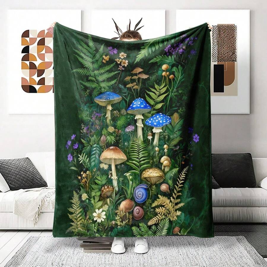 1 Piece Magic Forest Mushroom Fern And Snail Print Flannel Blanket - Soft Green Leaves With Blue/White, Hat With Purple Violets - Lightweight All-Season Bedspread, Suitable For Camping, Travel, Bohemian Decoration - 彩色 - 查看 1