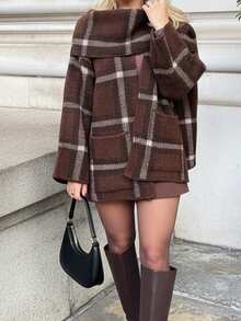 女士秋冬时尚欧式图案针织围巾，休闲短款外套 - 棕色 - 查看 1